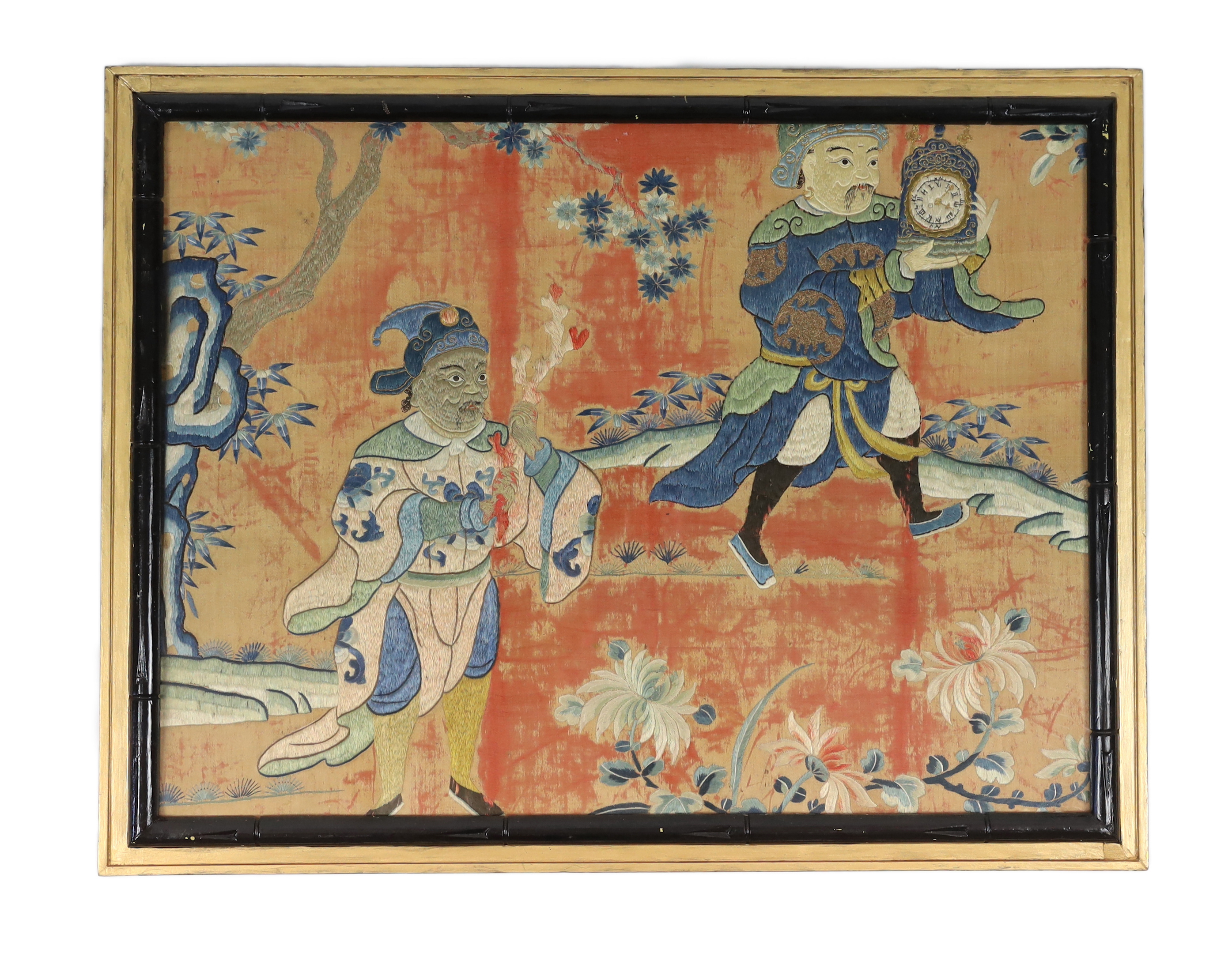 A Chinese ‘foreign ambassadors’ embroidered silk panel, 18th century, Worn fragment